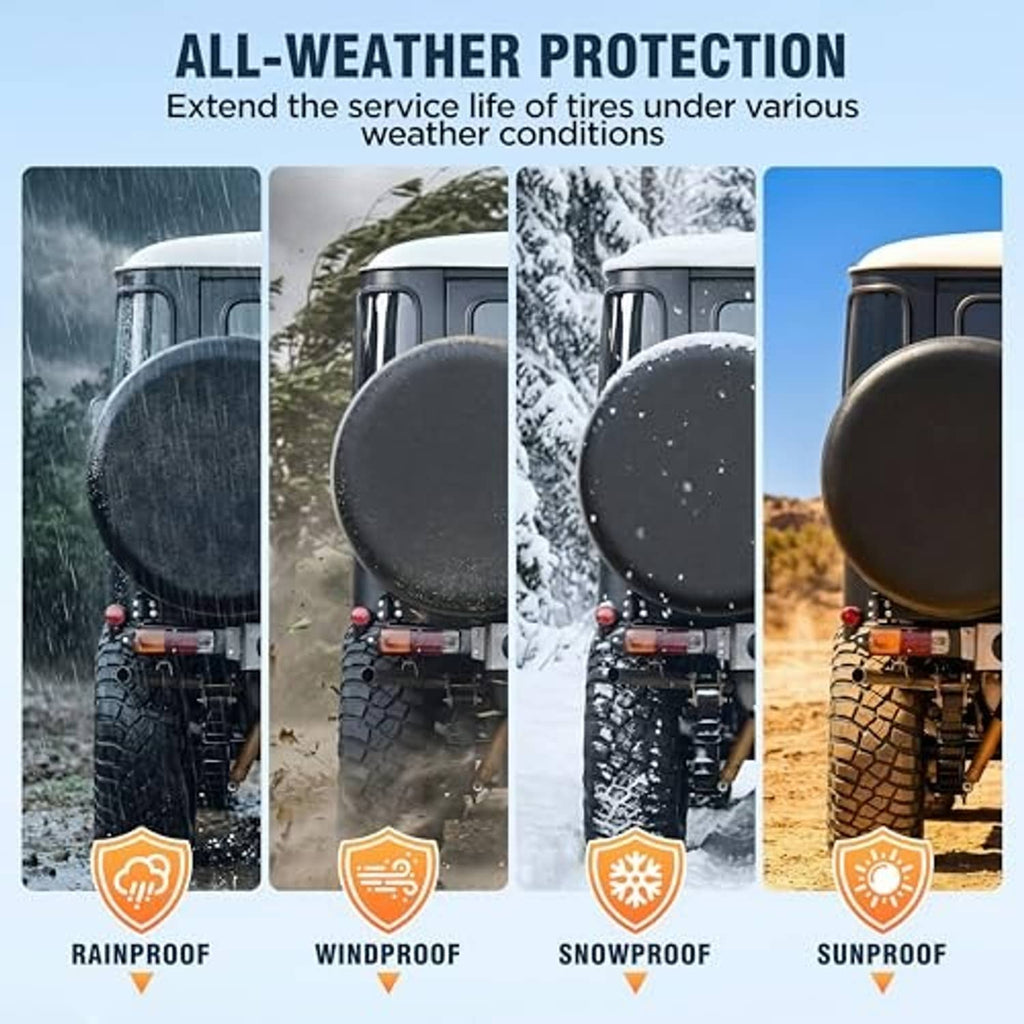 Black spare tire cover with weather protection icons for rain, wind, snow, and sun