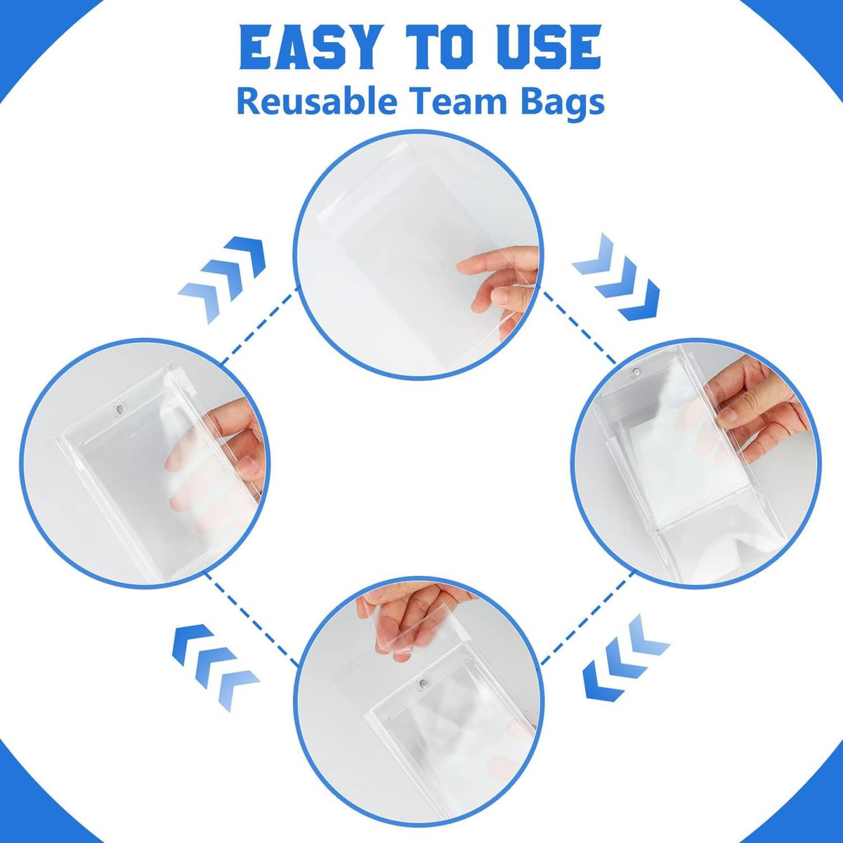 Reusable transparent team bags, hands show resealable strip closure for trading cards