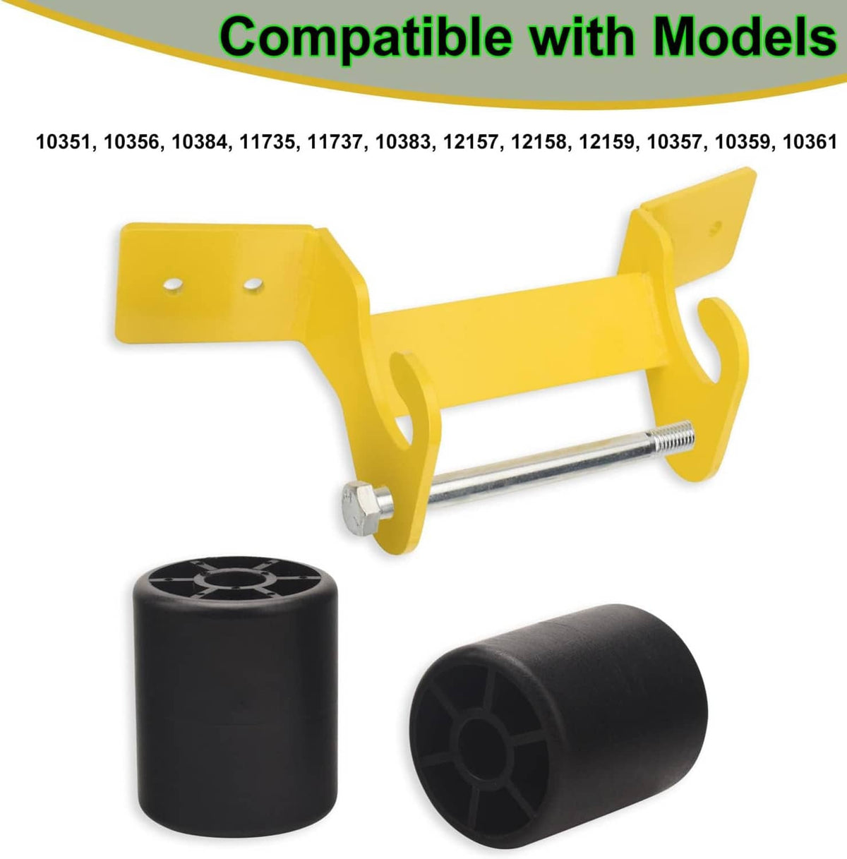 Yellow hanger bracket repair kit with black roller bushings and mounting bolt