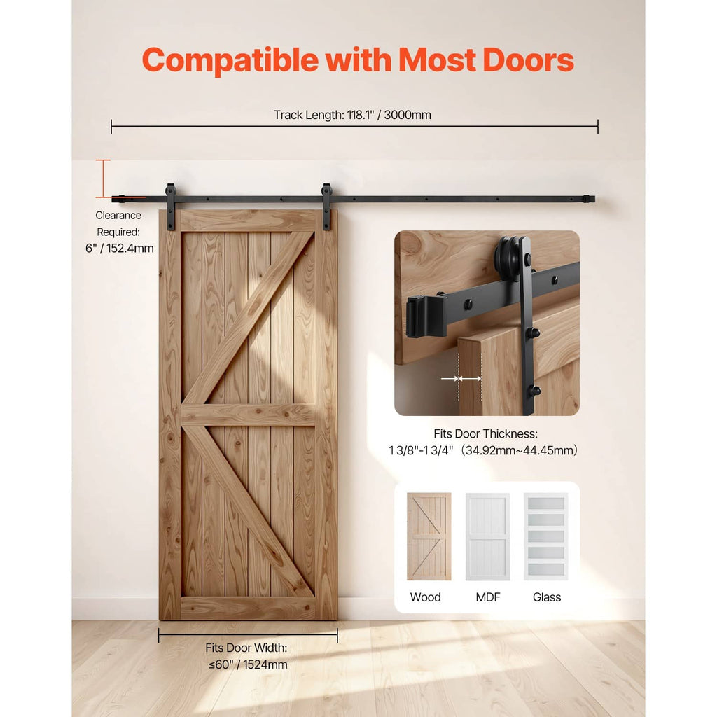 Barn door sliding track hardware with compatibility fit details for door thicknesses