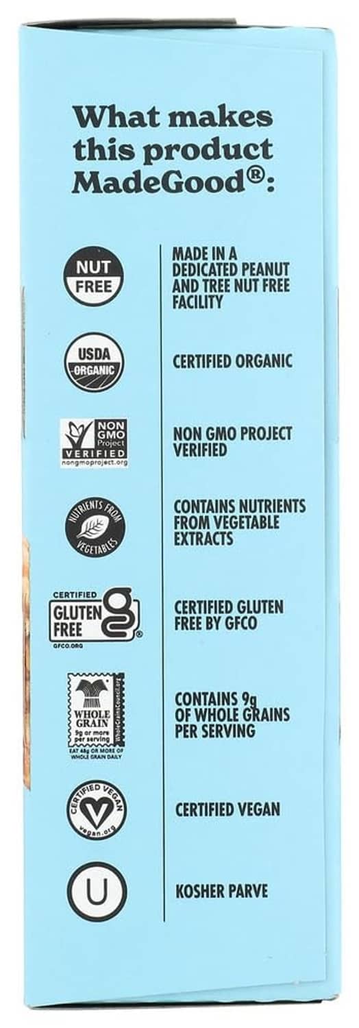 Product certification and vegan claim badges on vanilla crispy squares box