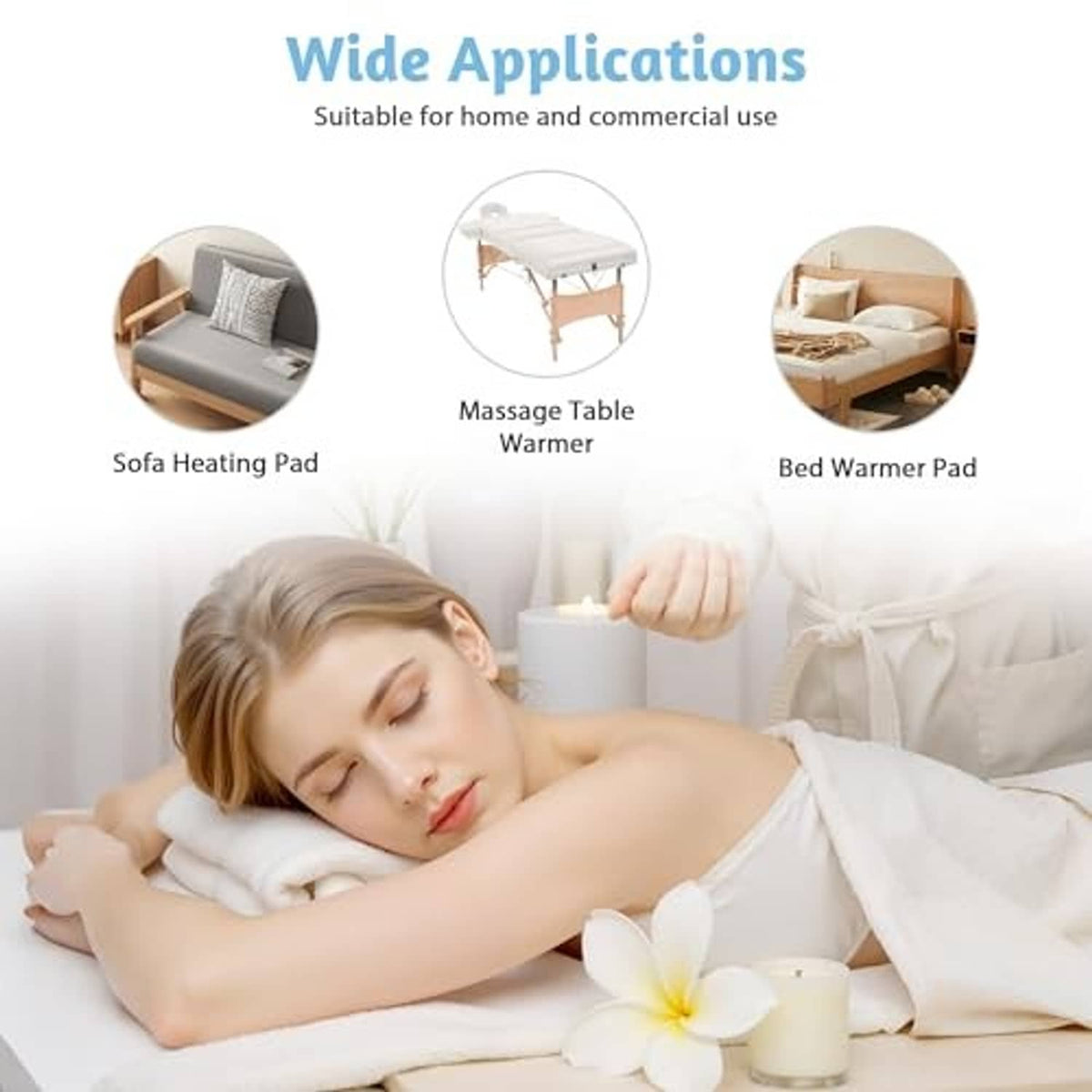 Massage table warmer pad shown on a bed with included controller and cord