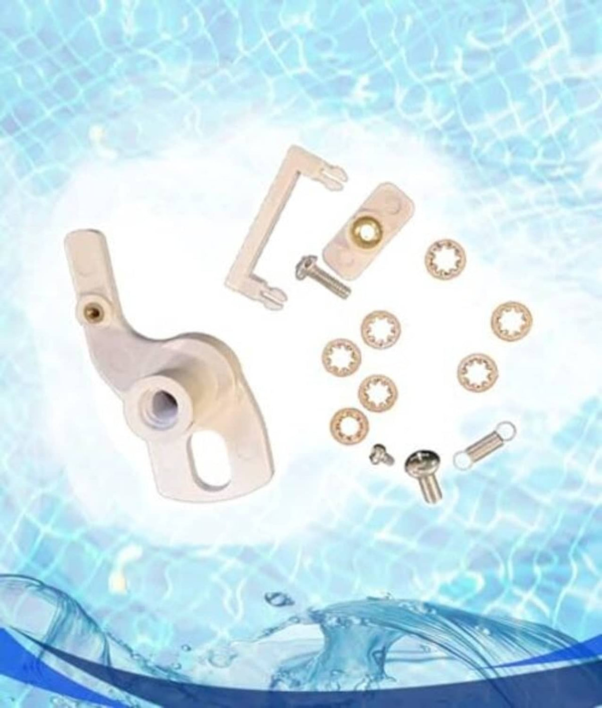 White metal bracket with gold-toned screws, washers, and small fastener pins