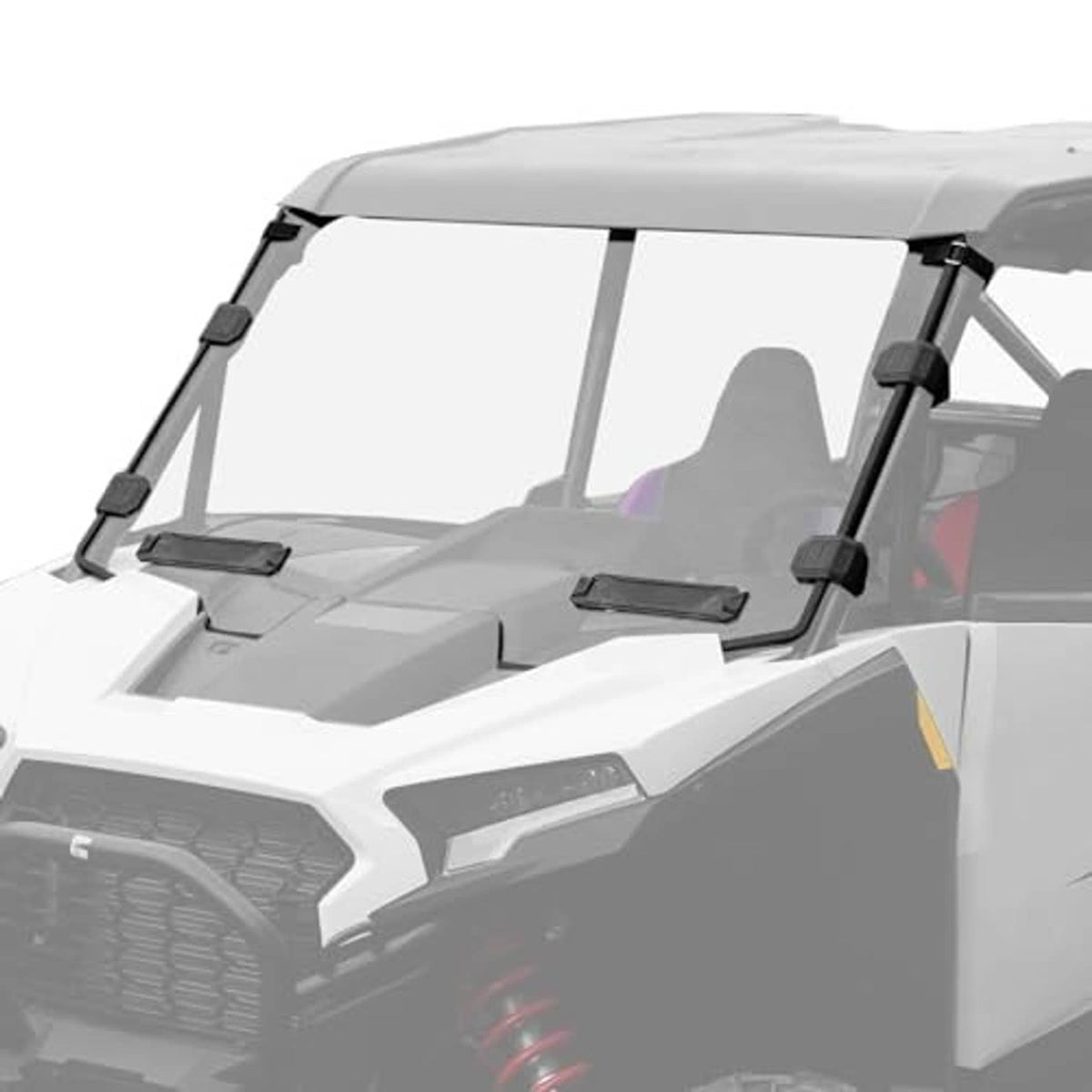 Vented windshield for Polaris RZR XP 1000, angled view of clear panel and mounts
