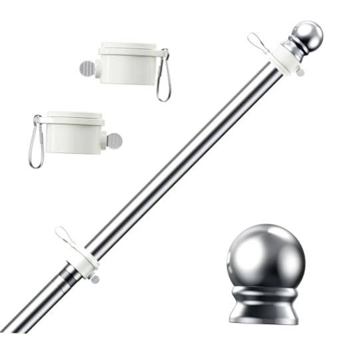 Stainless steel flagpole with ball finial and mounting clips, silver tone