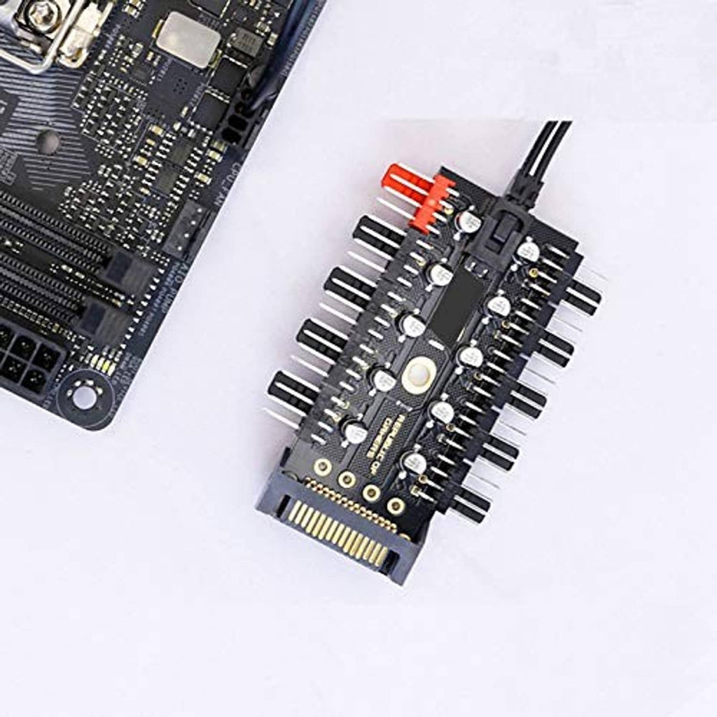 PC fan hub PCB with gold edge connector, red terminal blocks, and pin headers