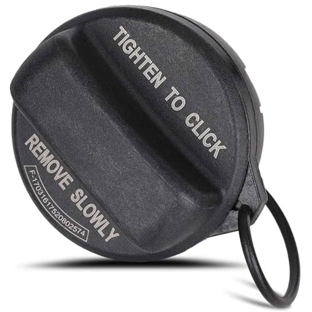 Black fuel filler cap with tether loop and side label 'REMOVE SLOWLY'