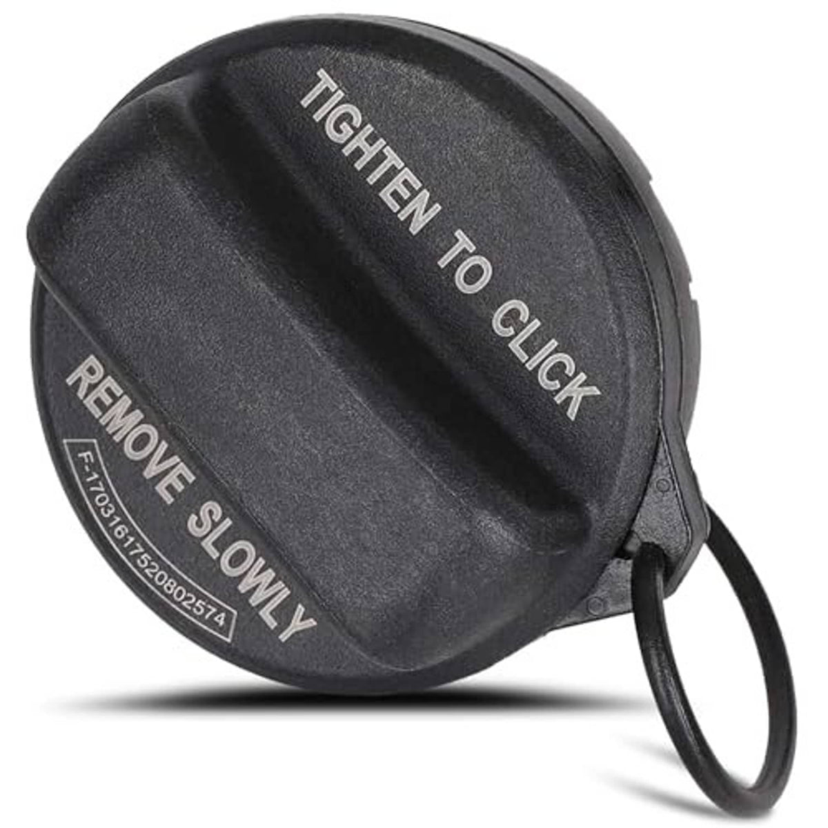 Black fuel filler cap with tether loop and side label 'REMOVE SLOWLY'