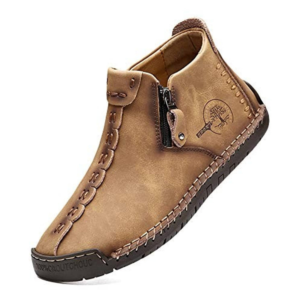 Men's tan chukka ankle boots with side zip, decorative lace stitching, rubber sole