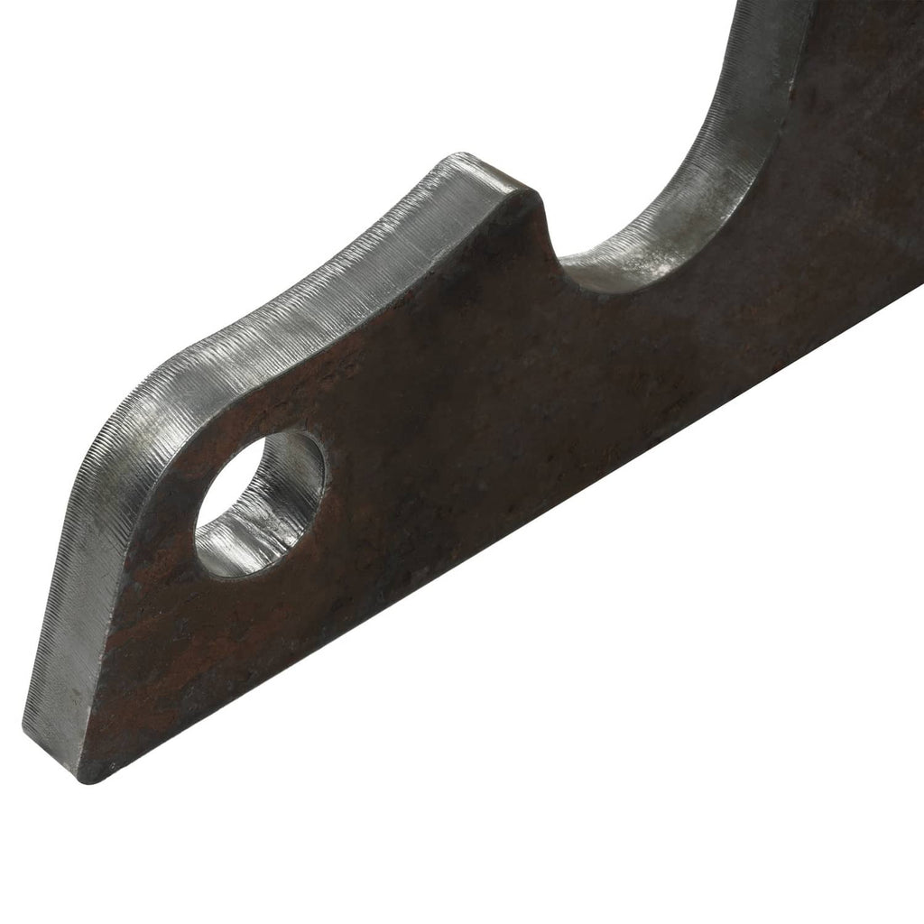 Close-up of steel bucket-ear support arm with round mounting hole