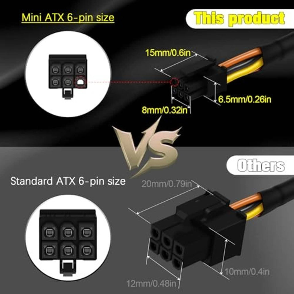 Compact Mini ATX 6-pin adapter cable with small black plug and braided yellow-orange wires