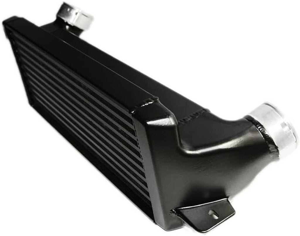 Black front-mount intercooler with finned core and silver side outlet connection