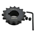 Roller chain sprocket with 4OB15-1 marking, dark finish, includes two small screws and hex wrench