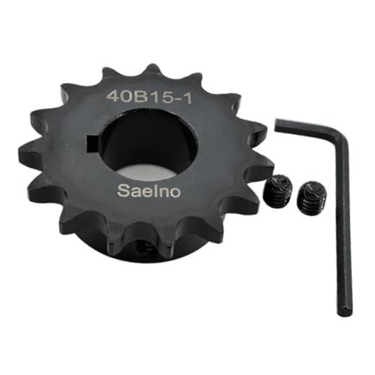 Roller chain sprocket with 4OB15-1 marking, dark finish, includes two small screws and hex wrench