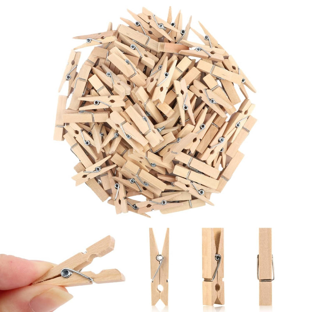 Wooden mini clothespins with metal springs, bulk set of small clips