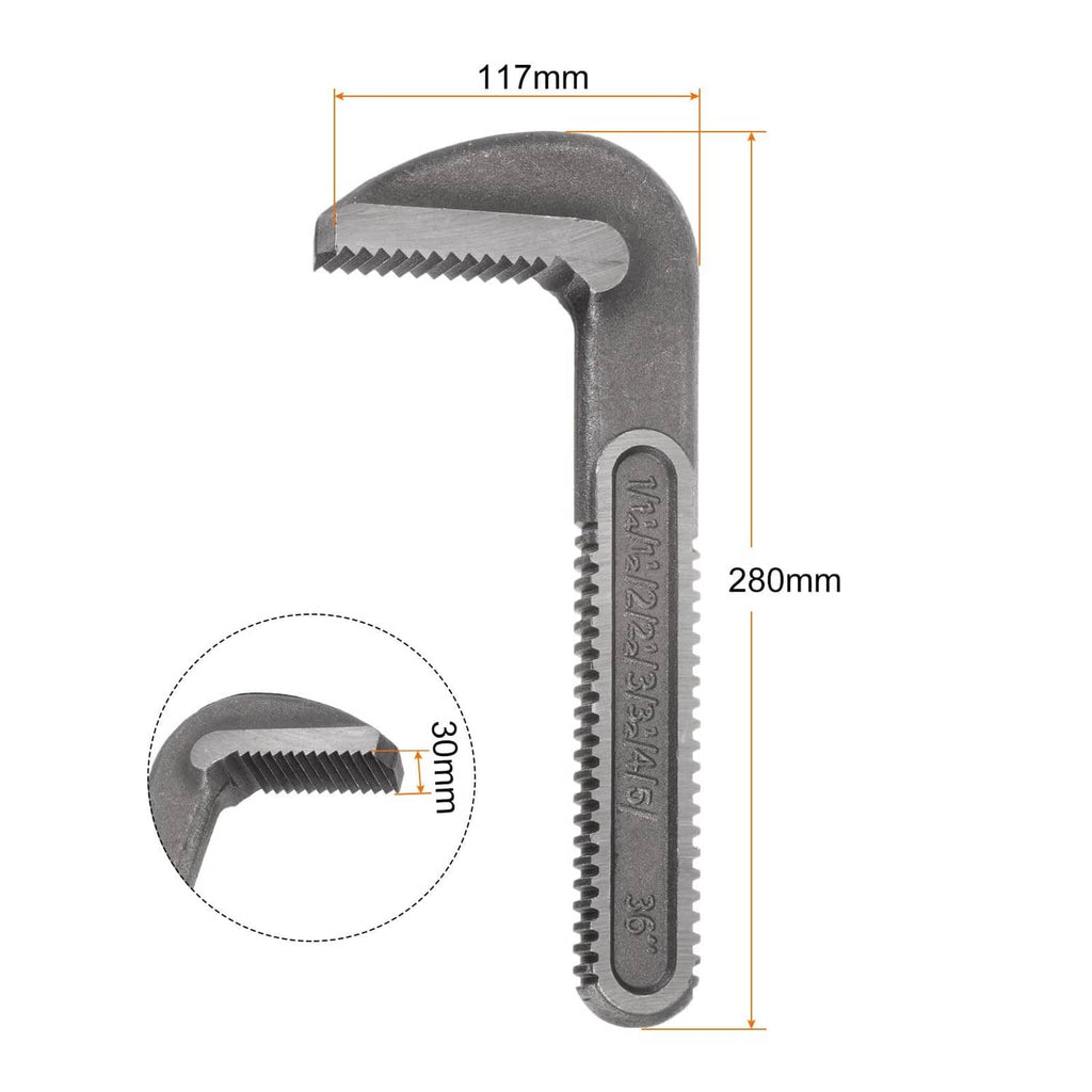 Grey pipe wrench hook jaw replacement with curved hook and serrated jaws