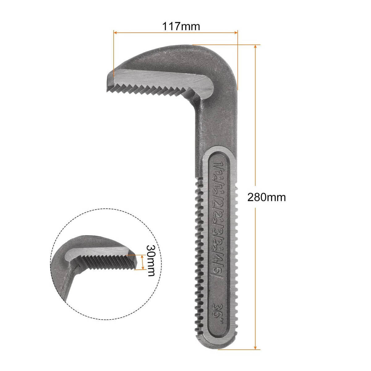 Grey pipe wrench hook jaw replacement with curved hook and serrated jaws