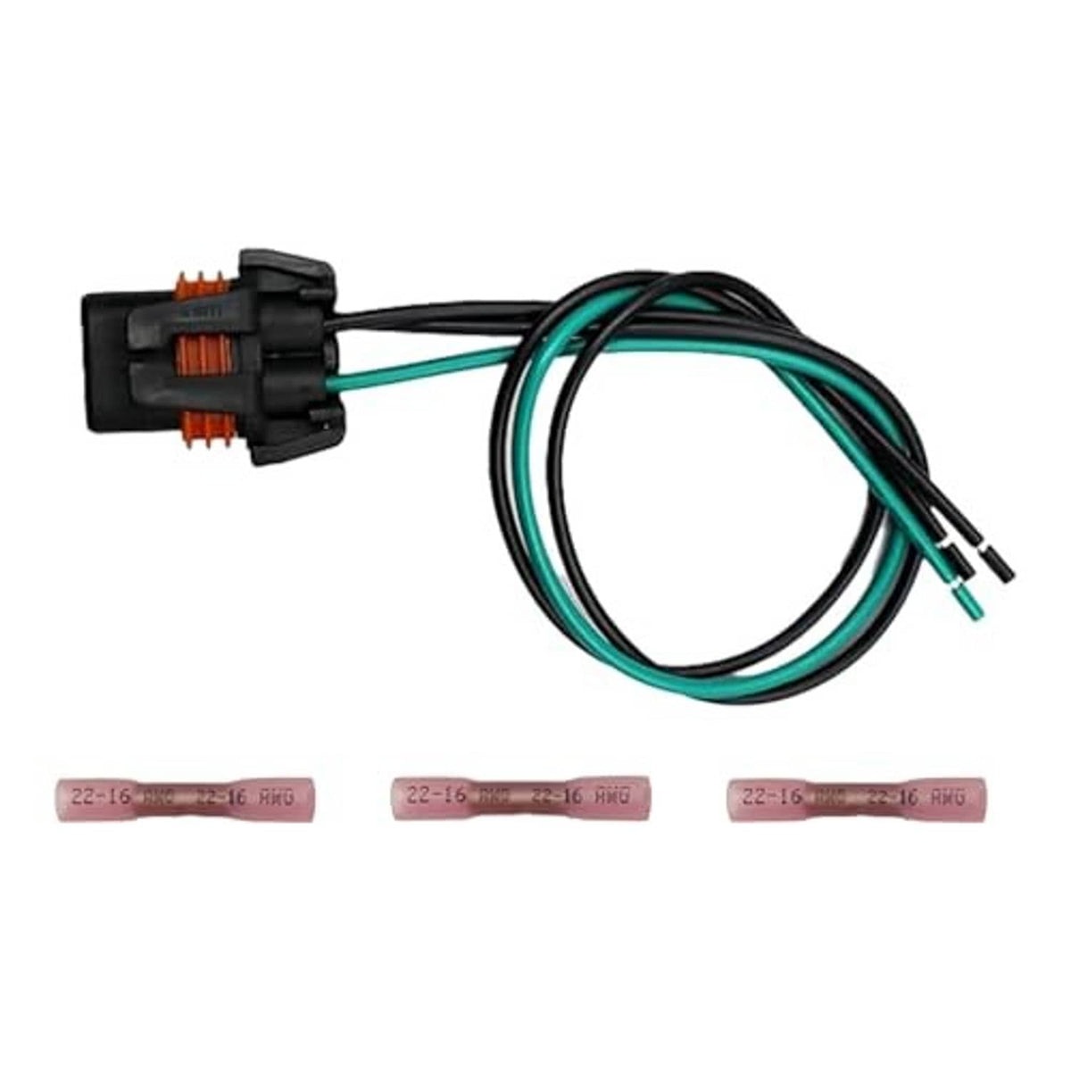 3-wire halogen bulb socket connector pigtail wiring harness with black connector and green leads