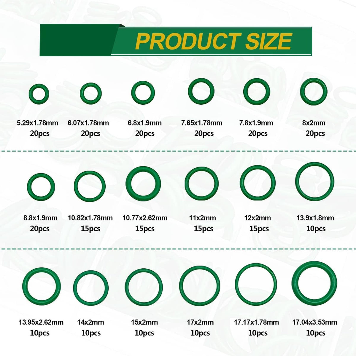 Green O-ring set displayed with size labels across multiple ring diameters