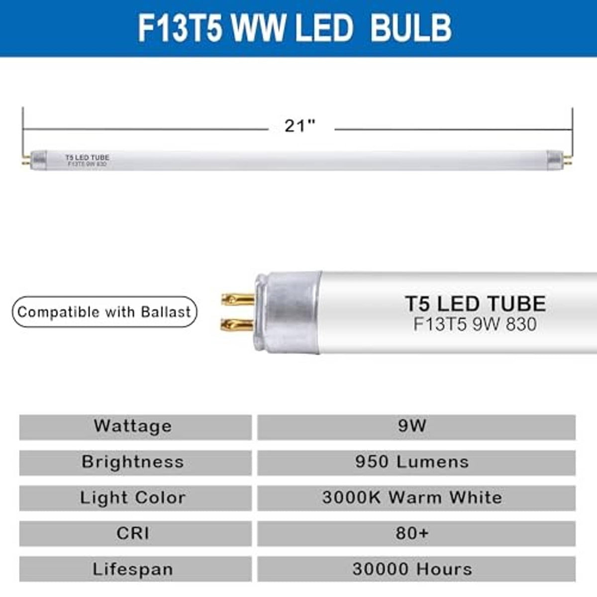 21-inch T5 LED tube bulb in warm white, with dual-pin plug and printed tube markings