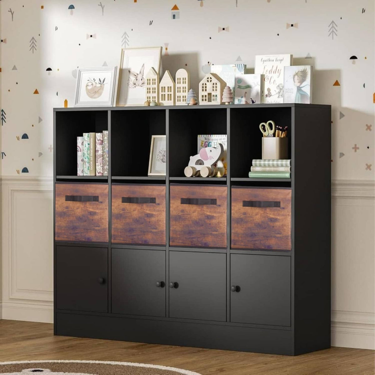 Fabric storage bins with wood-grain front panels and black pull handles, on a cabinet.