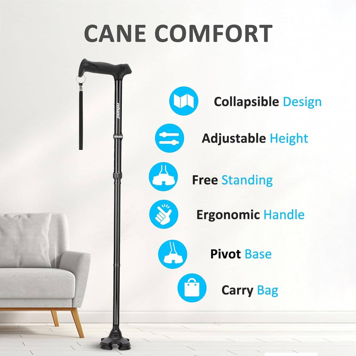 Folding walking cane with adjustable height and ergonomic handle, self-standing pivot base.