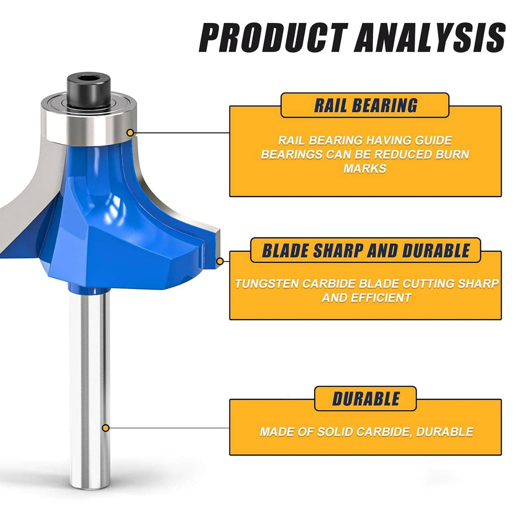 Single blue roundover edging router bit with guide bearing and silver shank