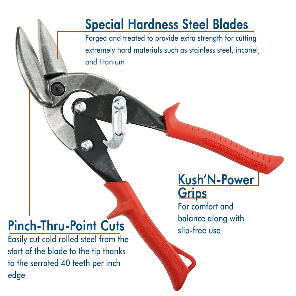 Aviation snips with forged steel blades and red ergonomic comfort grips