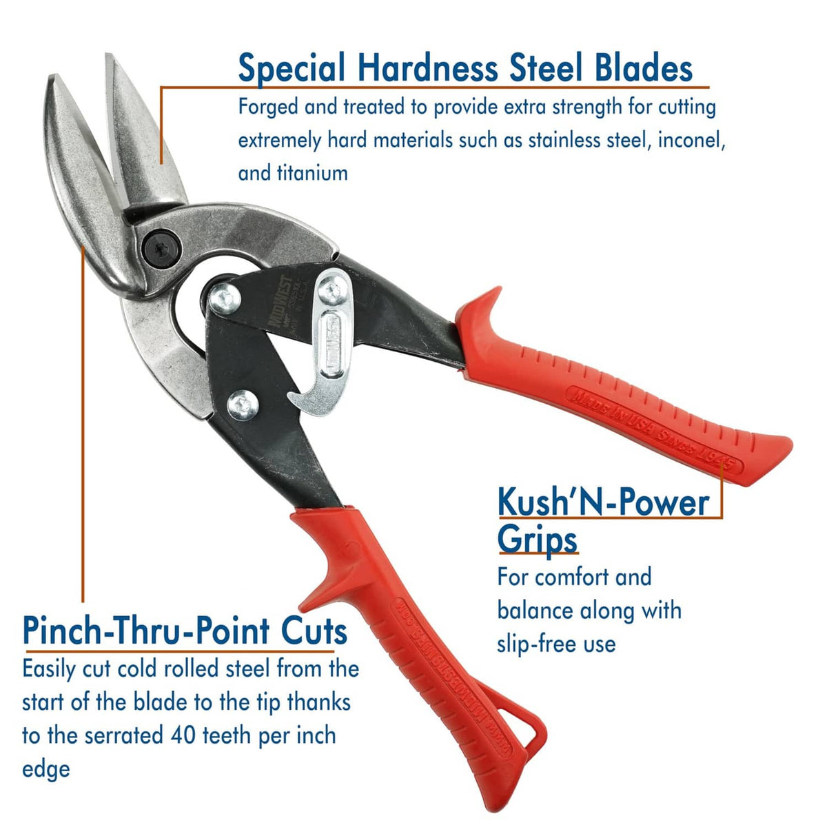 Aviation snips with forged steel blades and red ergonomic comfort grips
