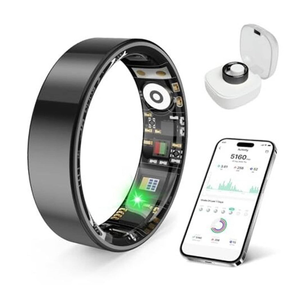Black smart health ring with glowing sensor window and paired smartphone display