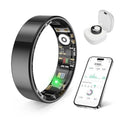 Black smart health ring with glowing sensor window and paired smartphone display