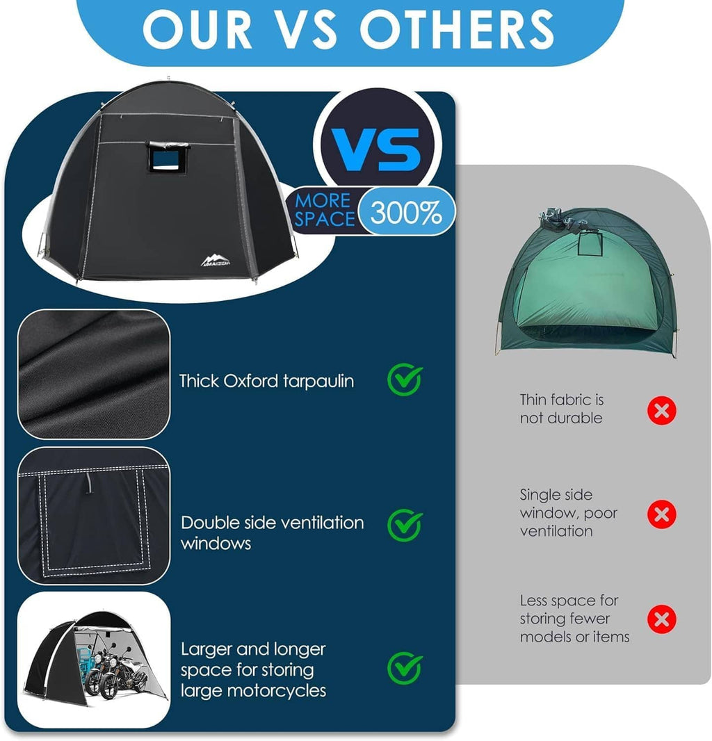 Bike storage tent comparison graphic showing thick fabric tent with ventilation windows