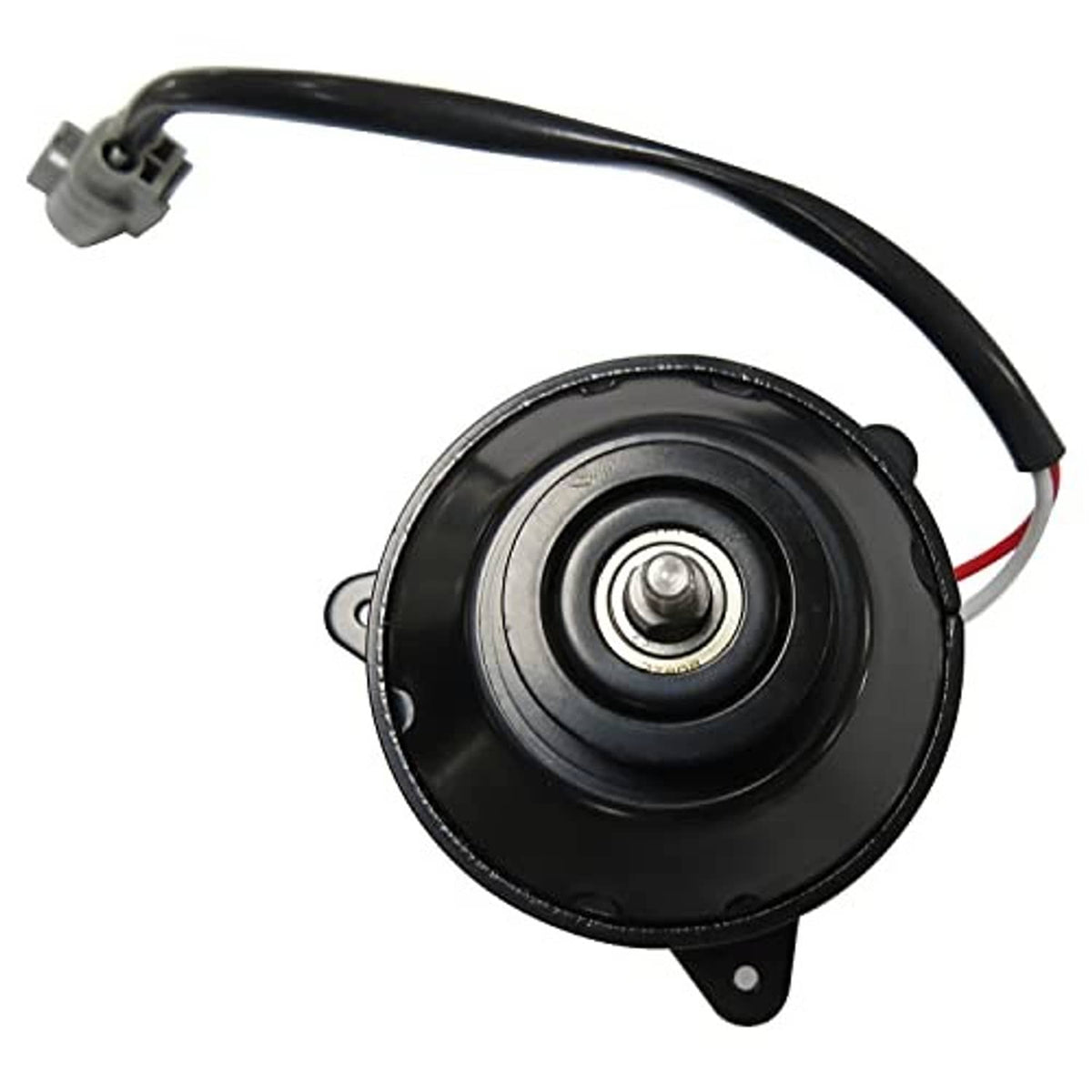Cooling fan motor with black fan housing and attached electrical cable with connector