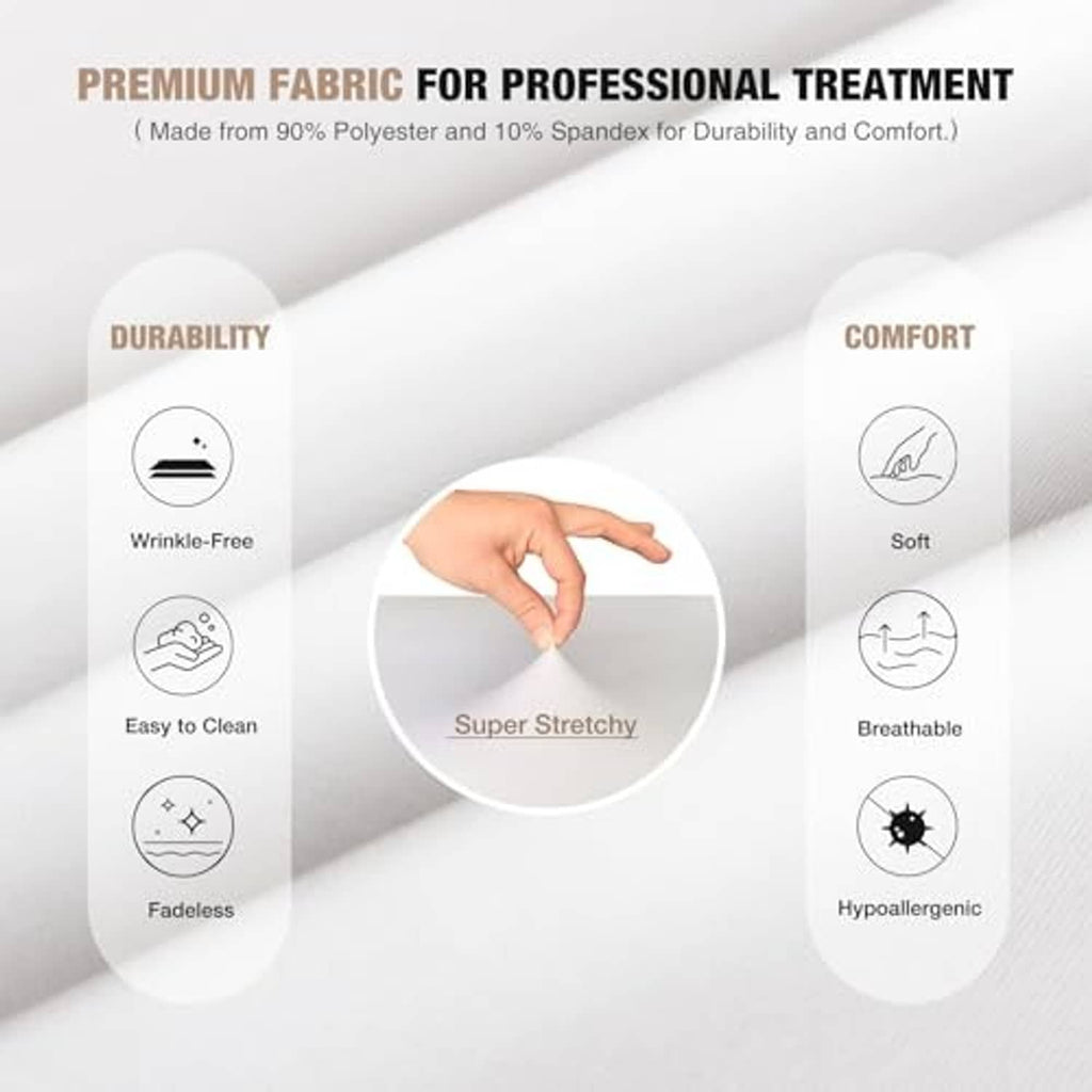 White spa bed cover fabric close-up with smooth, stretchy texture