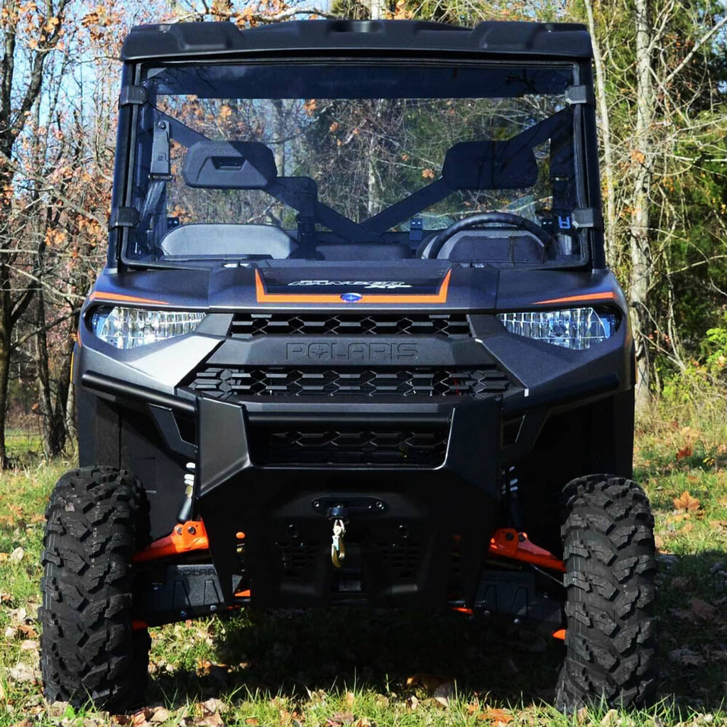 Front view of clear UTV windshield with black supports and frame