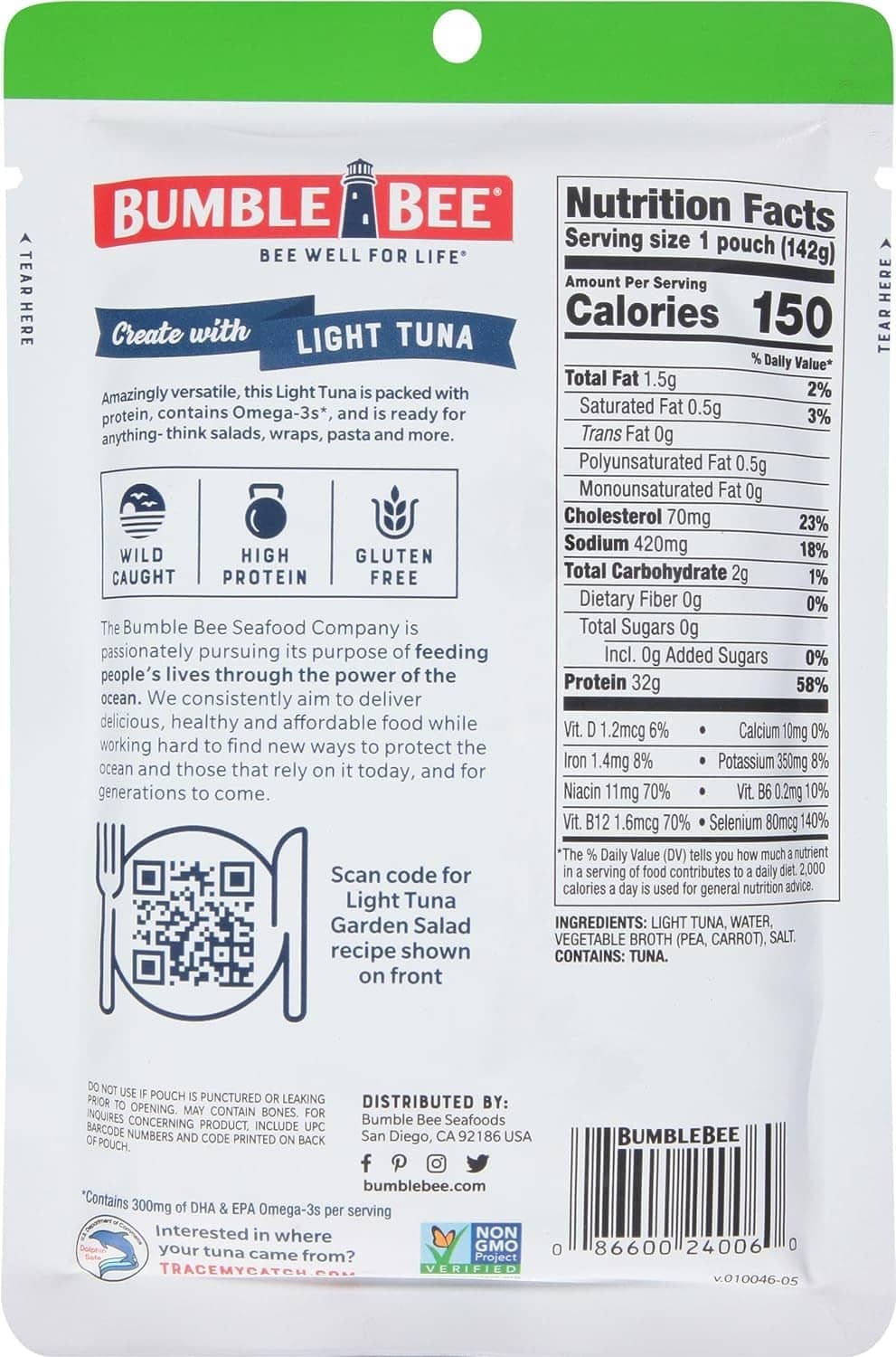 Bumble Bee light tuna pouch back with Nutrition Facts and ingredients panel