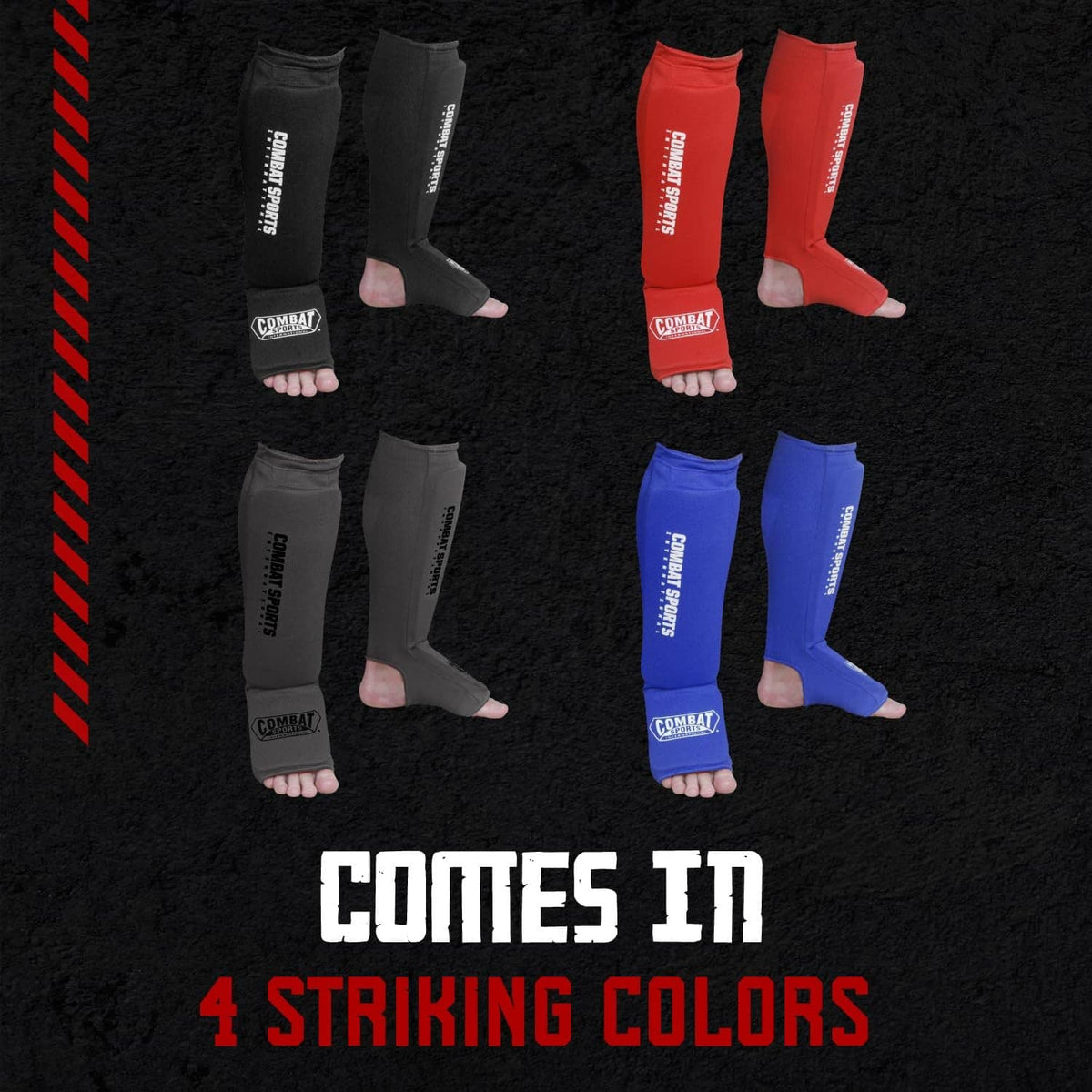 Set of padded shin and instep guards in black, red, blue, and gray