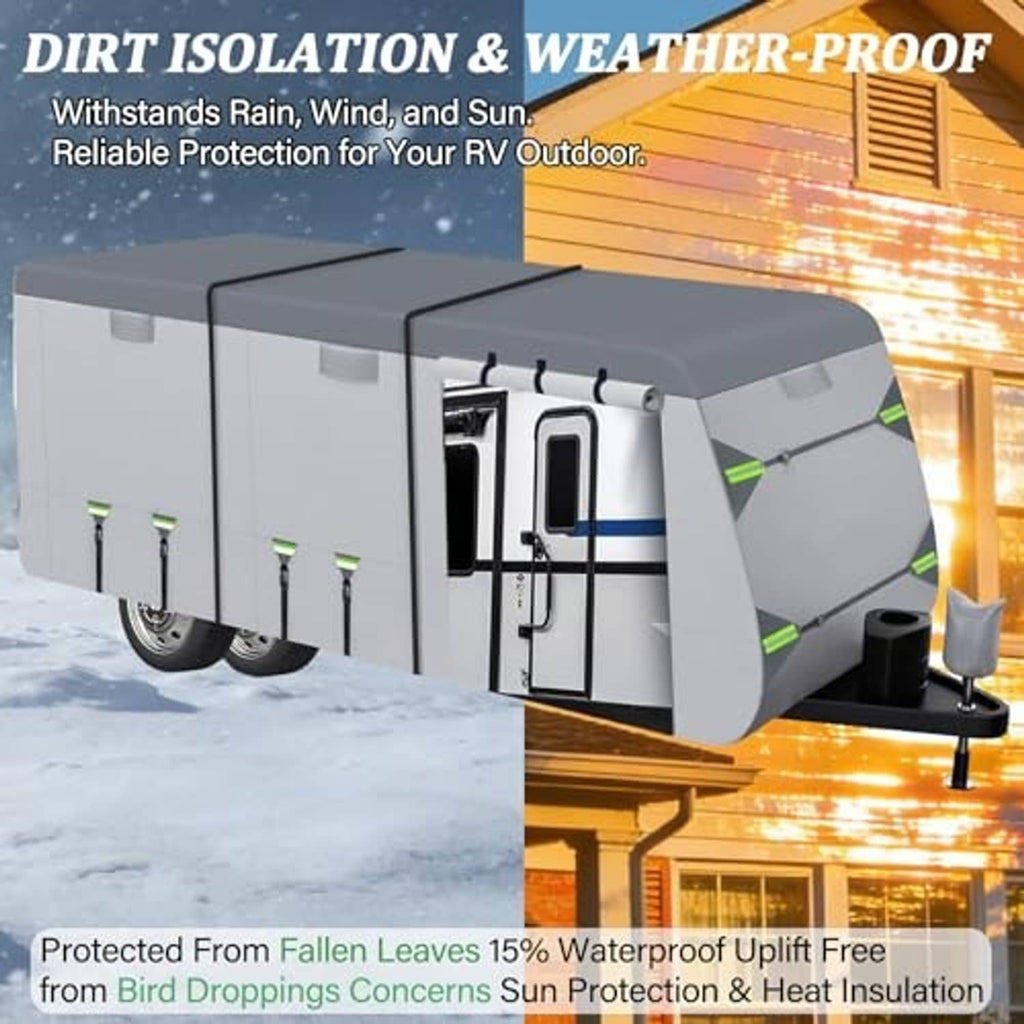 Gray RV trailer cover with covered roof, side straps, and vented corner design