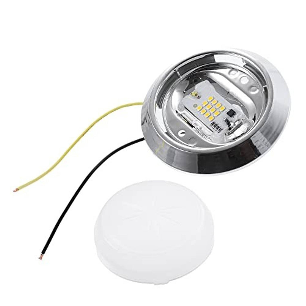 Round LED dome light in chrome housing with clear cover and two attached wires
