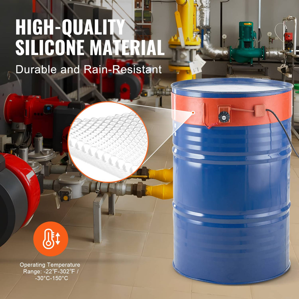 Silicone drum heater on blue 55-gallon metal drum with orange control unit