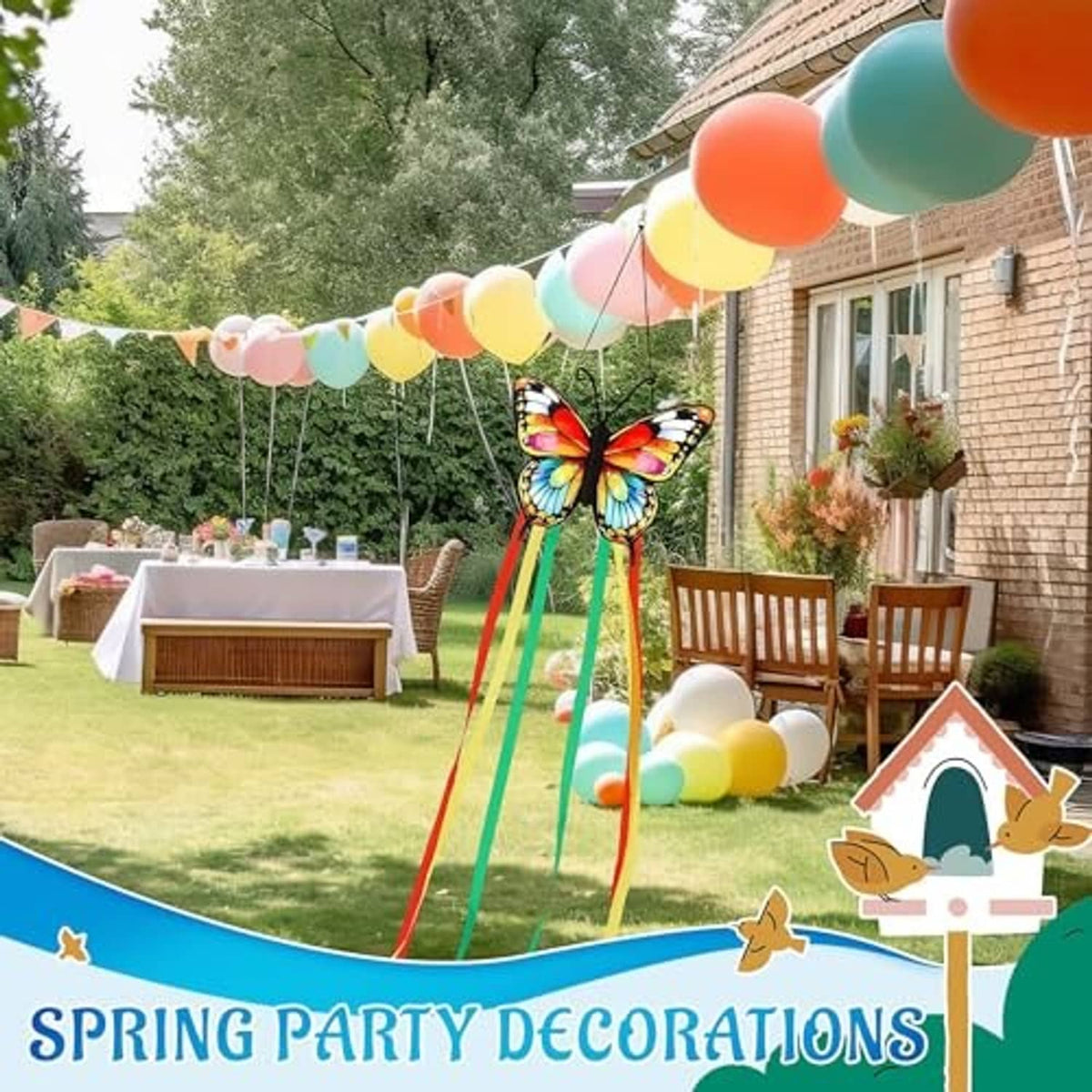 Butterfly windsock with bright rainbow ribbon streamers hanging outdoors