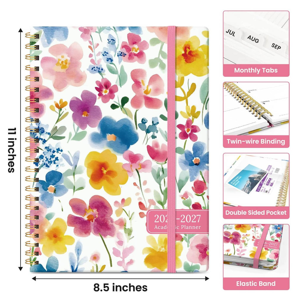 8.5-inch floral academic planner with gold spiral binding, monthly tabs, and elastic band