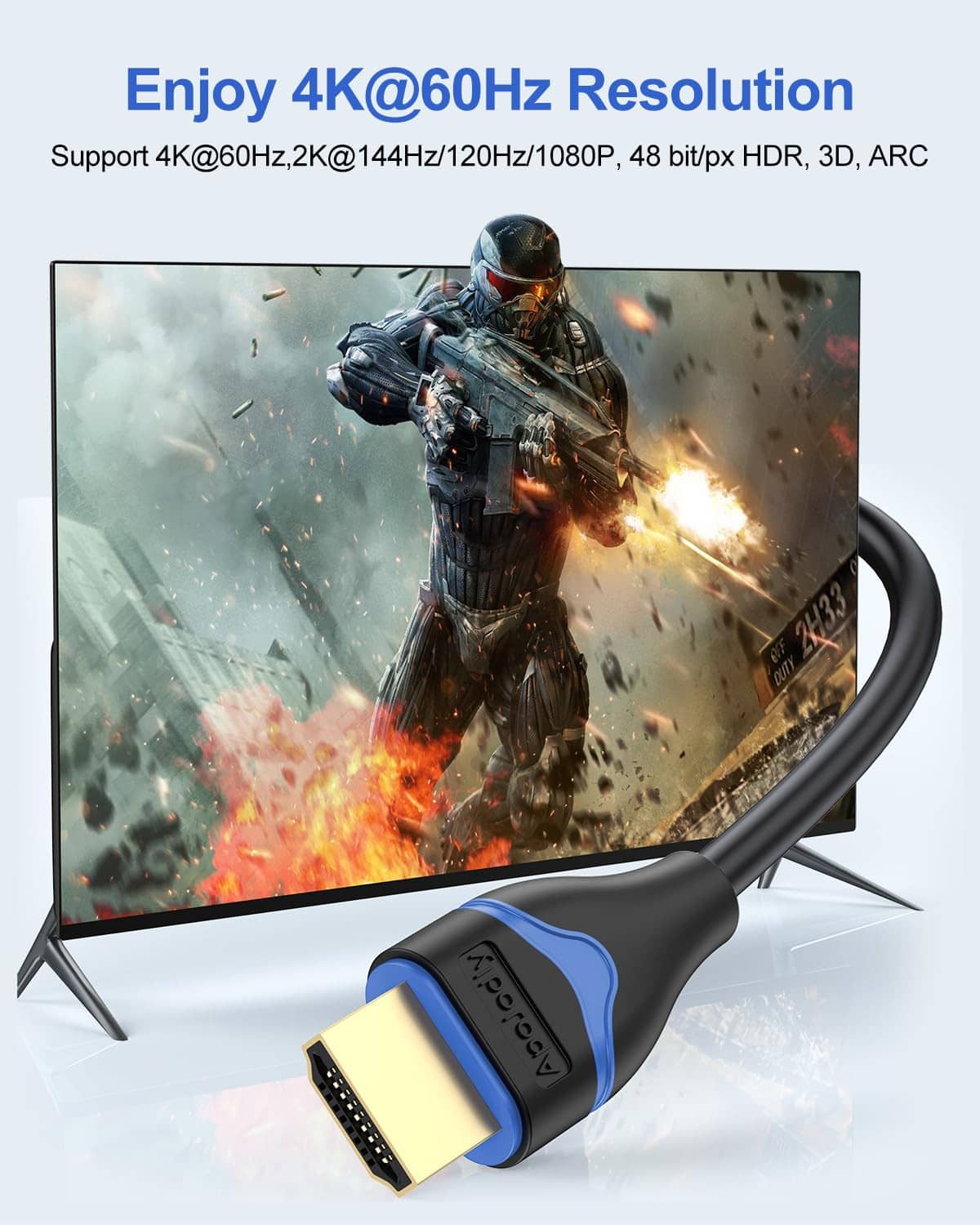 Black HDMI cable with blue grips and gold connector plugged into TV port.