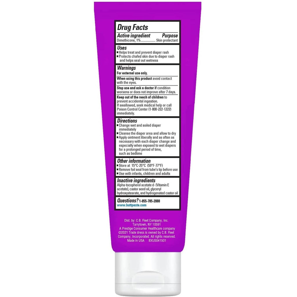 Butt Paste ointment back label with Drug Facts and purple tube base