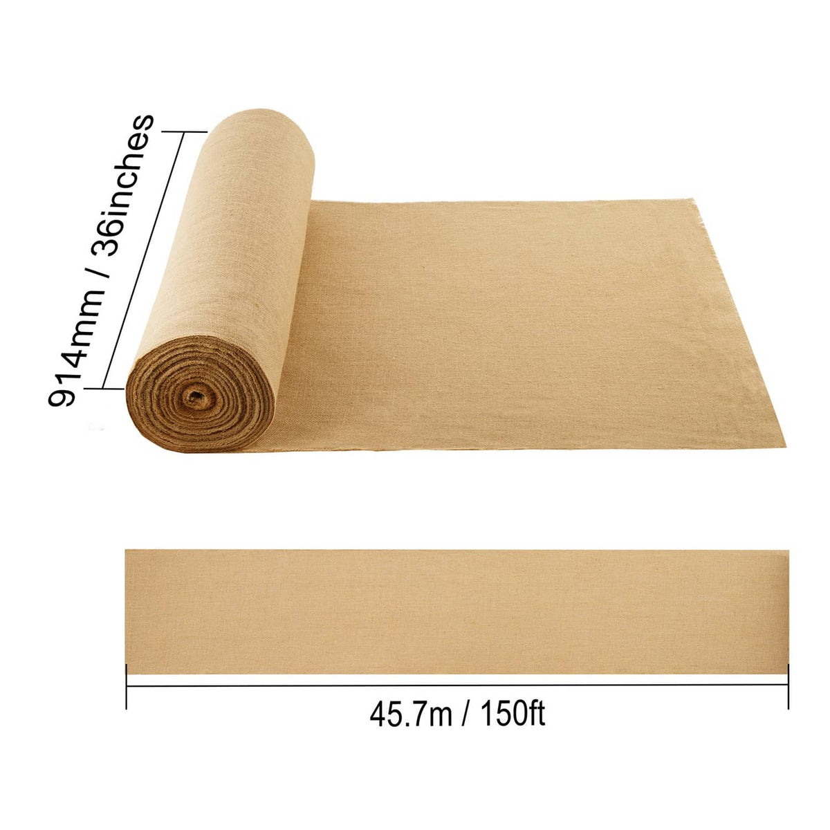 Natural burlap fabric roll laid flat with width and length markings