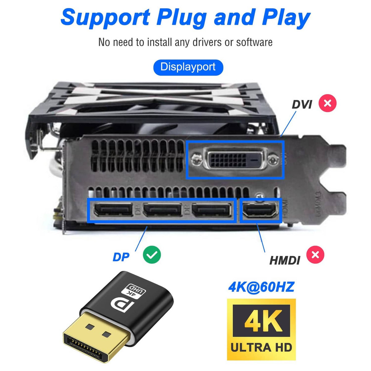 DisplayPort headless emulator, black dongle with gold plug and blue power indicator LED