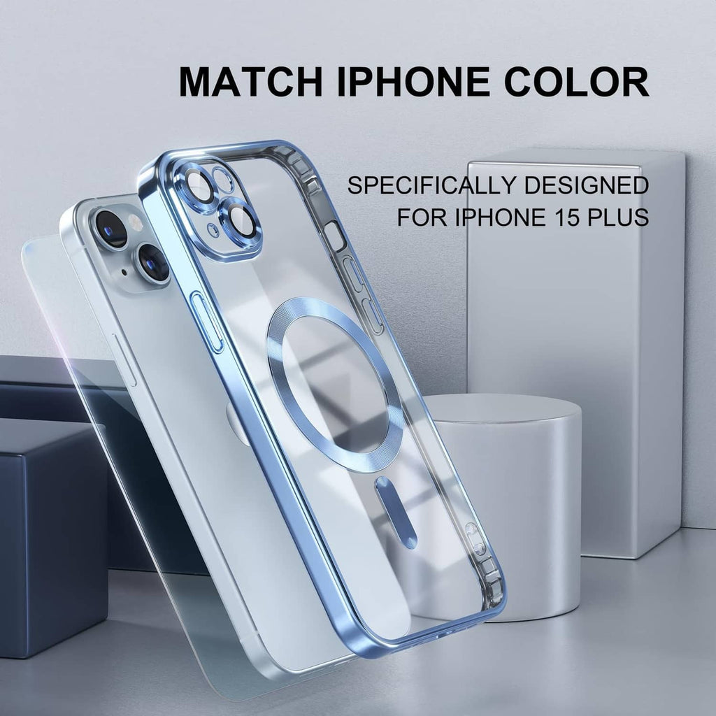 Light blue clear iPhone 15 Plus case with magnetic ring and side button covers