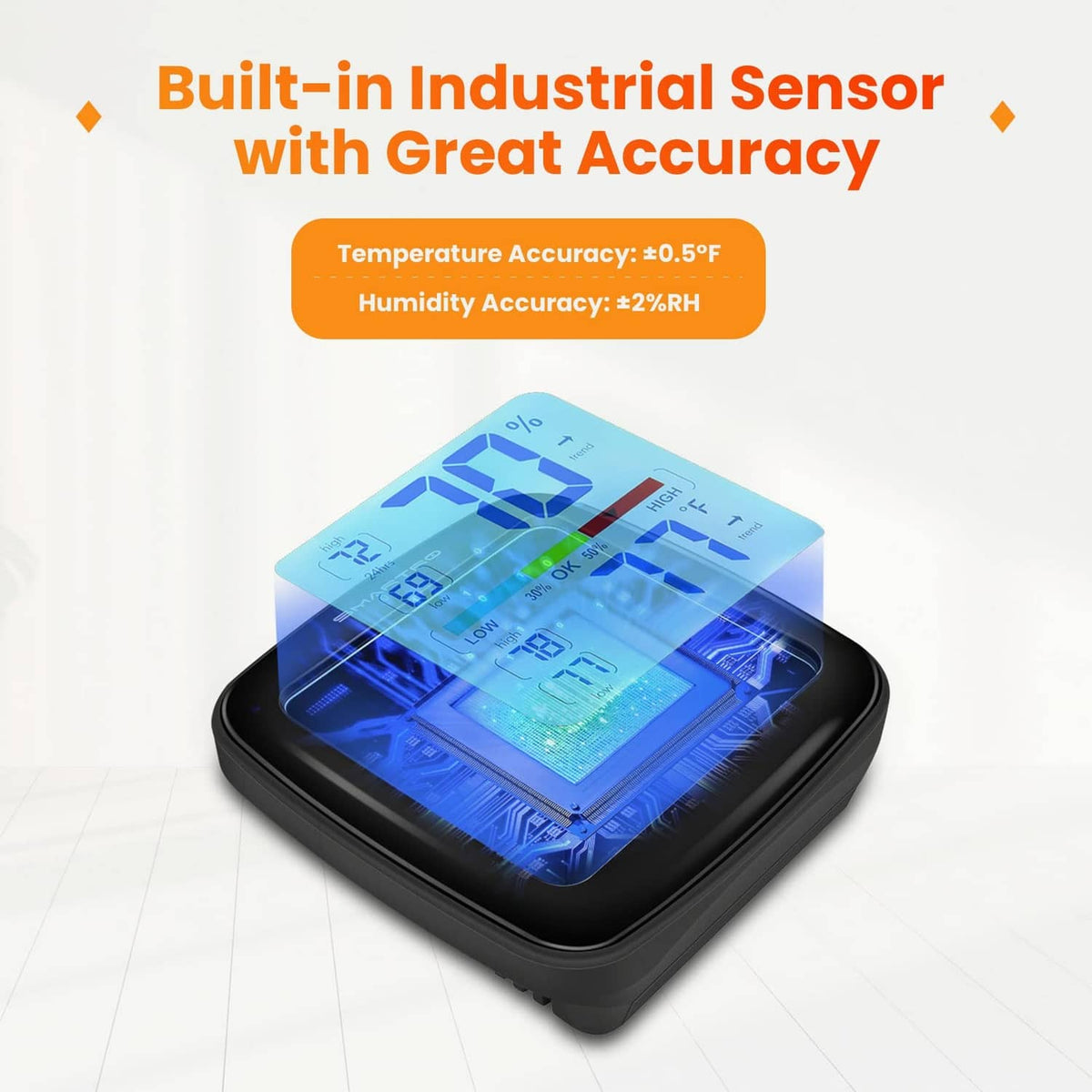 Digital hygrometer with built-in industrial sensor and blue-lit LCD display for humidity/°F