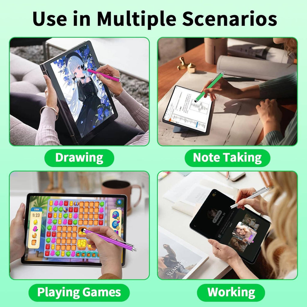 Stylus pens for touchscreen use, shown for drawing, note taking, gaming, and work