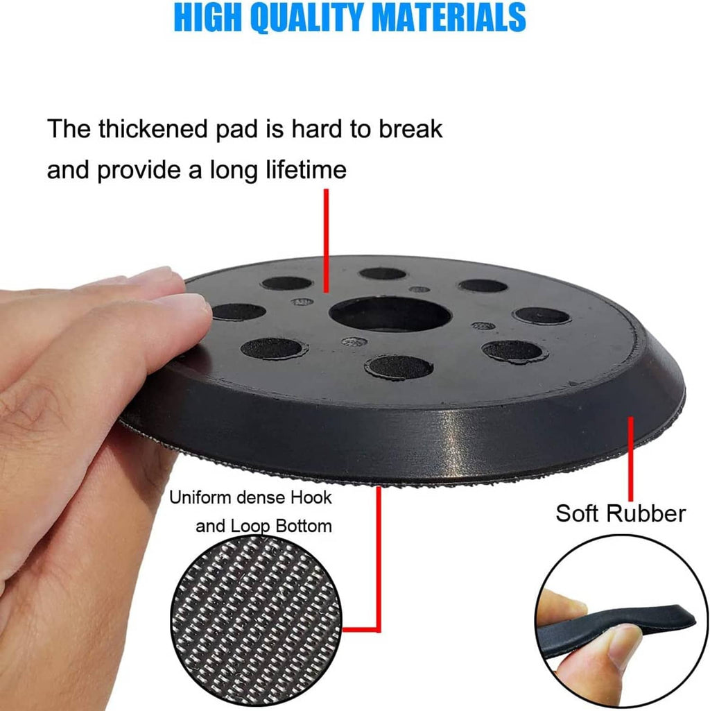 Round black 5-inch hook-and-loop sander pad shown from the side, with dust holes